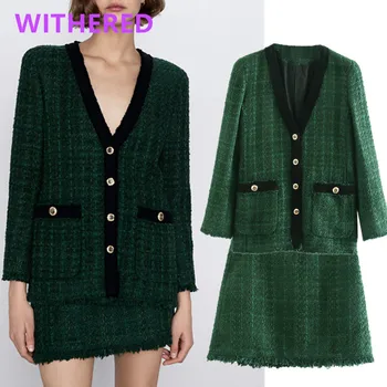 

Dave&Di england elegant elegant vintage plaid tweed blazer women feminino jackets skirt women faldas mujer moda 2020 2pieces set