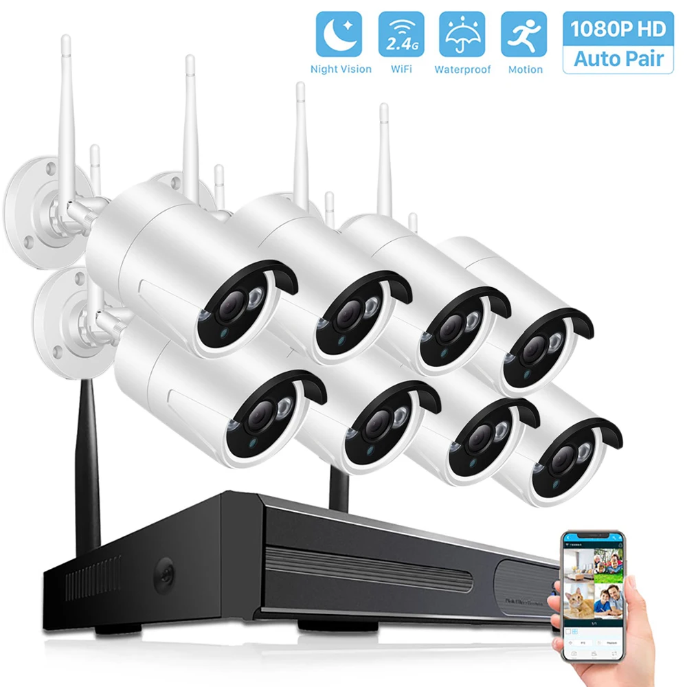 4CH/8CH система видеонаблюдения беспроводная 1080P H.265 NVR 2.0MP звукозапись Wifi безопасность 1080P система наружного видеонаблюдения - Цвет: 8ch NVR 8 1080P CamS