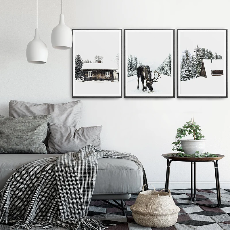 Moose-Posters-and-Forest-Christmas-Mood-Prints-Wall-Art-Snow-Trees-Canvas-Painting-Winter-Landscape-Pictures