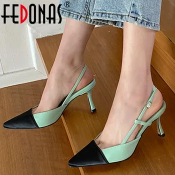 

FEDONAS Mixed Colors Buttoned Sandals For Women Sadals Genuine Leather High Heels Sandals Top 2020 Autumn Prom Shoes Woman Heels