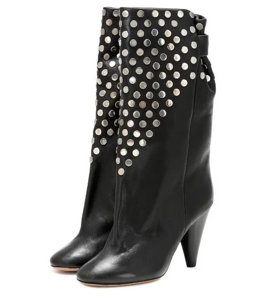 

Black Leather Spike Heels Woman 85 mm Punk Pointed Toe Rivets Studs Slip On Mid Calf Martin Boots Undercover Buckle Short Boots
