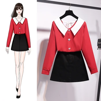 

Sweet Spring Chiffon V-Neck Peter Pan Collar Bowknot Backless Top Blouse Jean Mini Skirts Two-Piece Cute Suit Women'S Dress
