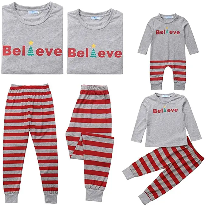 Семейный комплект рождественской пижамы с надписью вера Топ и полосатые брюки
