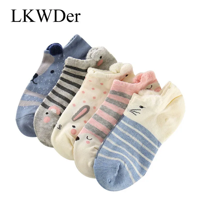 LKWDer-Calcetines de algodón con dibujos de animales para mujer, calcetín corto Kawaii, gato y perro, zapatillas informales, suaves y divertidos, Verano