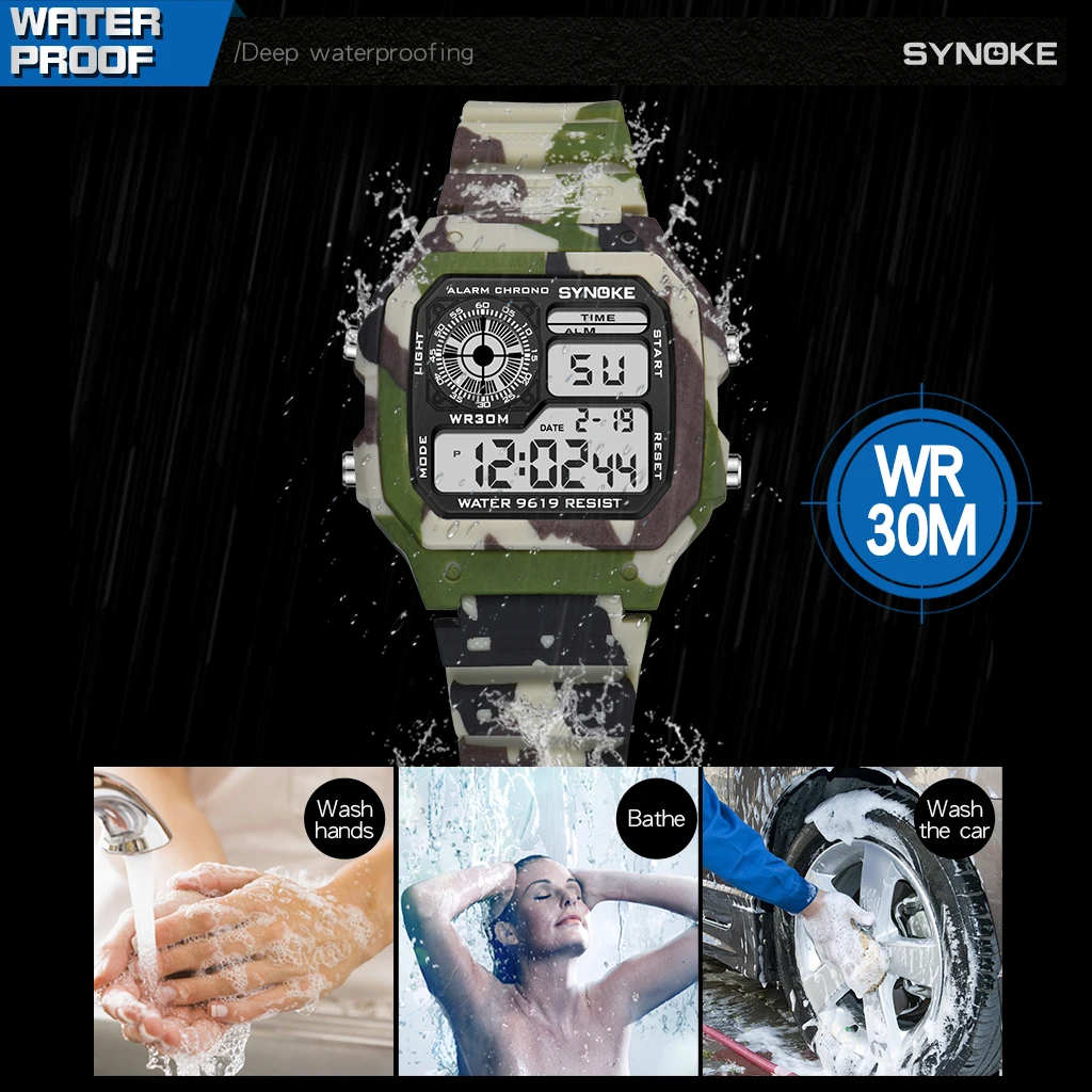 SYNOKE детские цифровые часы спортивные камуфляжные военные многофункциональные 7 красочные светящиеся водонепроницаемые детские электронные часы