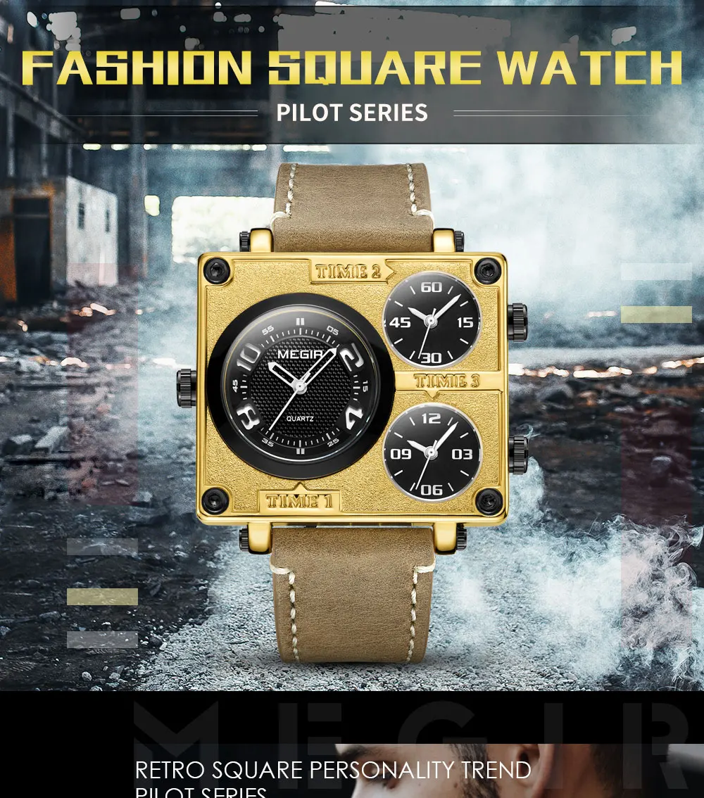 Megir Retro Fashion Square Multi-time Zone Watch For Men 2069