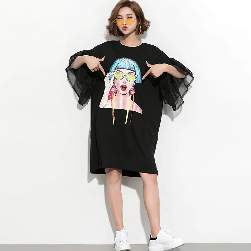 

2019 Women Summer Plus Size Dress Ladies Pattern Flare Sleeve Fashion Designer Casual Loose T-shirt Dress