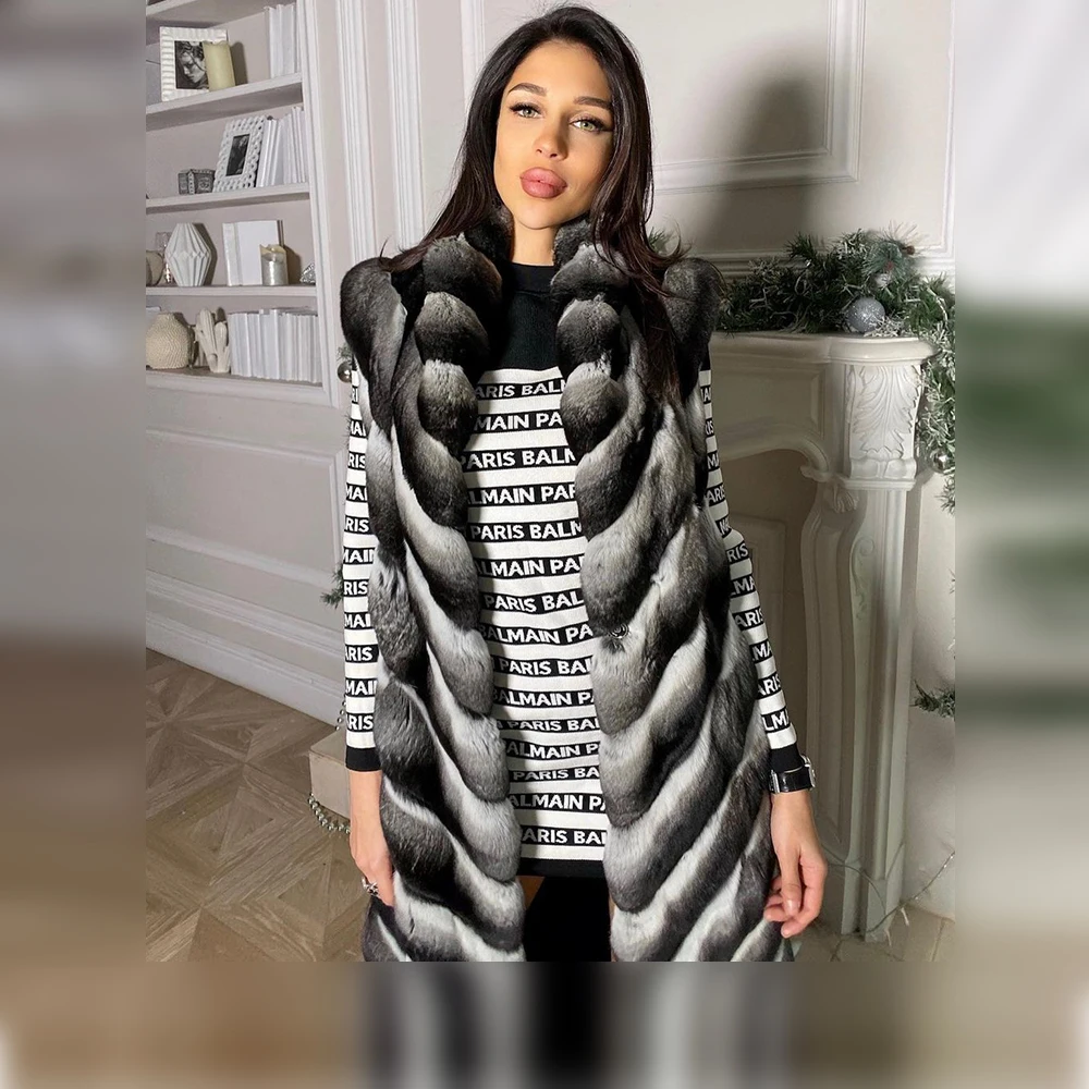 Fashion Long Natural Rex Rabbit Fur Vest Turn-down Collar Woman Winter New Genuine Full Pelt Rex Rabbit Fur Coats Sleeveless