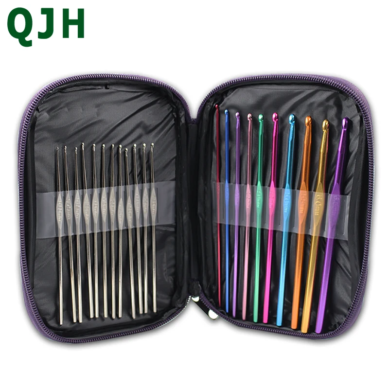 

QJH Brand 22pcs Aluminum Crochet Hooks Needles Knit Weave Craft Yarn Sewing Tools Knitting Steel Crochet Hook Set with Case