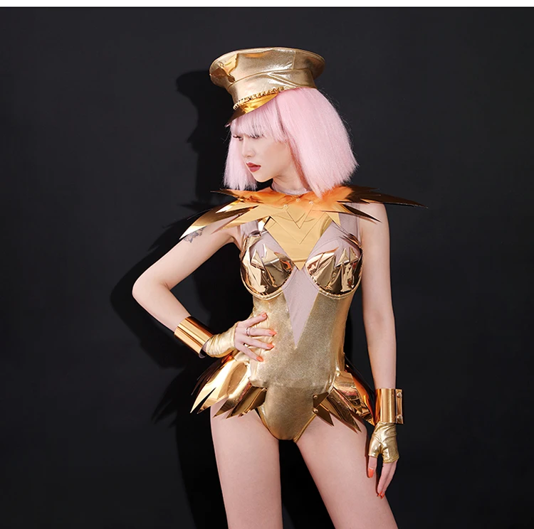 Золотой зеркальный боди шляпа наряд женский сценический костюм бар DJ певица вечерние танцевальная одежда ночной клуб сексуальная команда Джаз представление одежда