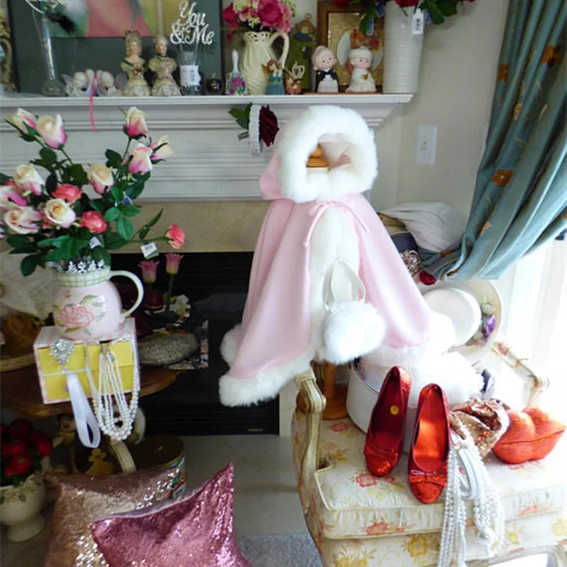 Длинная накидка для детей, накидка с капюшоном на свадьбу, куртка из искусственного меха зимняя детская верхняя одежда пальто с искусственным мехом детская накидка с цветочным узором для девочек - Color: Pink