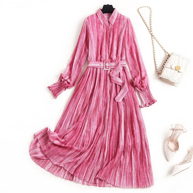 

2020 New Chiffon Dress with Sashes Print Casual Pleated Dress Turn-down Collar Female Summer Fashion Occasion Dresses for Women