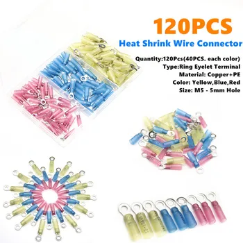 

120PCS 22-10AWG Heat Shrink M5 Ring Eyelet Electrical Wire Connectors Cable Splice Waterproof Crimp Butt Terminals Kit Assorted