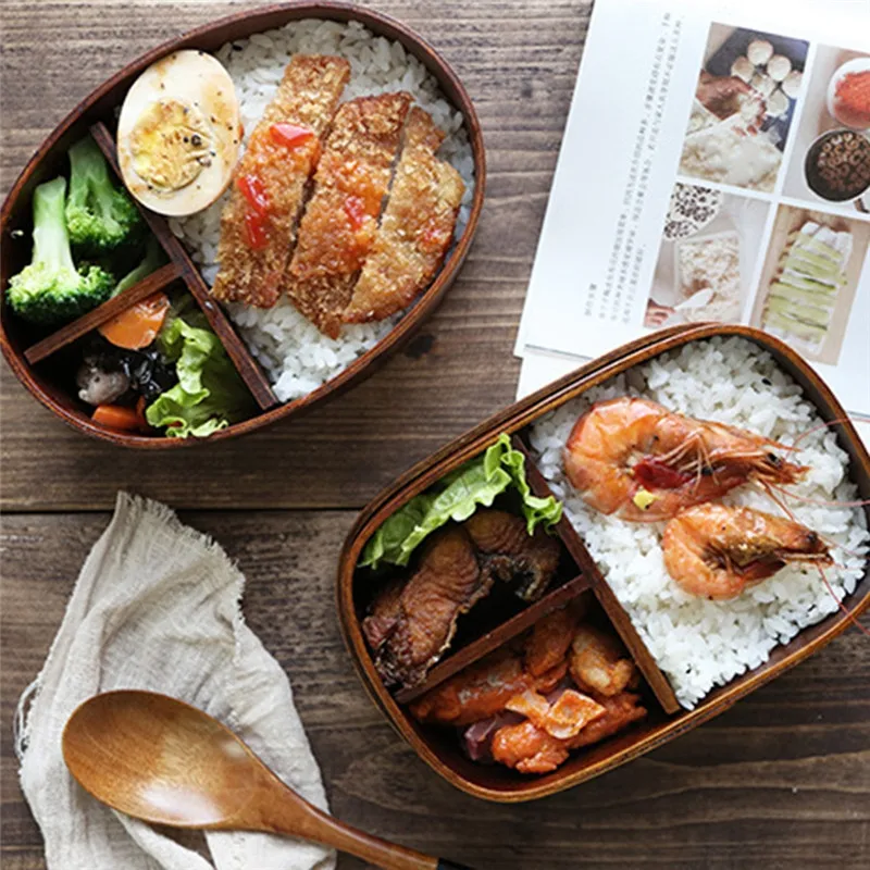 Imixlot Oval Wooden Lunch Box Japanese Single Layer Wooden Sushi Box Tableware Portable Bento Container Box Student Supplies