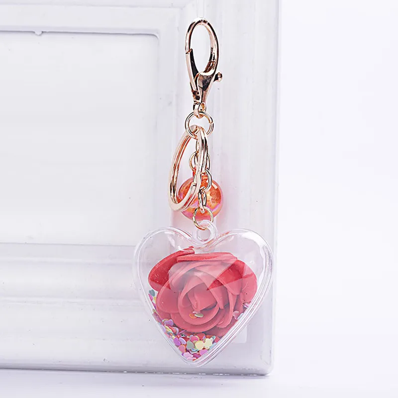 

Sequins Heart-Shaped Key Ring Colorful Eternal Rose Flower Transparent Car Bag Pendant Men Women Couples Keychain Gift Trinket