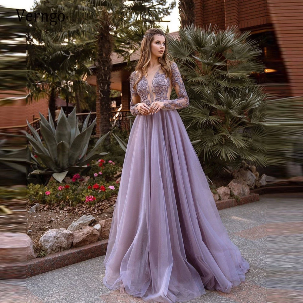 Verngo Vestidos de manga larga tul lavanda polvorienta, Apliques de encaje, delicados, hasta el suelo, elegantes vestidos de 2021|Vestidos de noche| - AliExpress