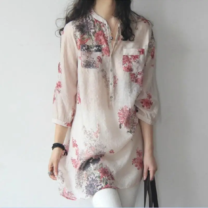 

Women's Blusas Mujer De Moda 2020 Spring Chinese Style Long Loose Cotton Linen Blouse Wild Retro Art Print Shirt Plus Size WF122