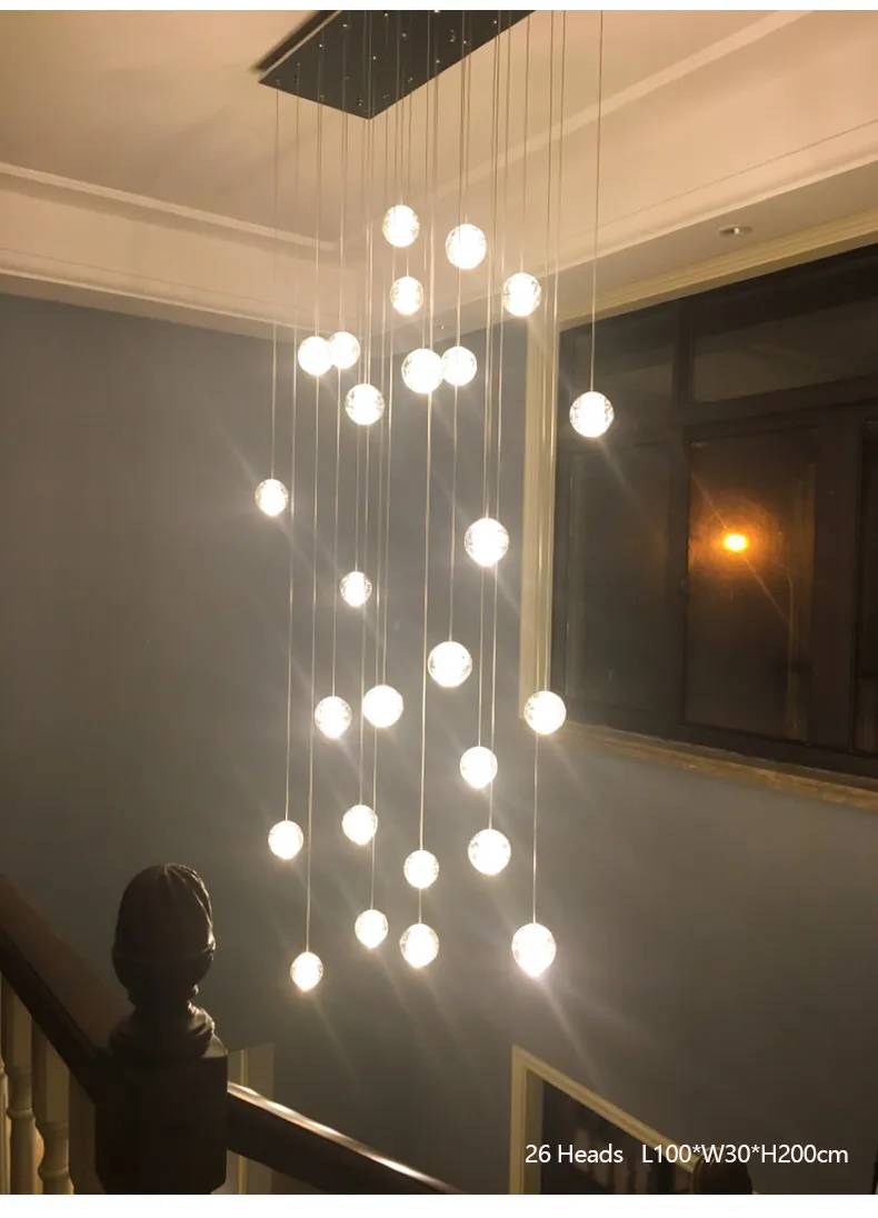110V Modern Duplex Staircase Bubble Crystal Pendant Home Lights Glass Ball Lamp 