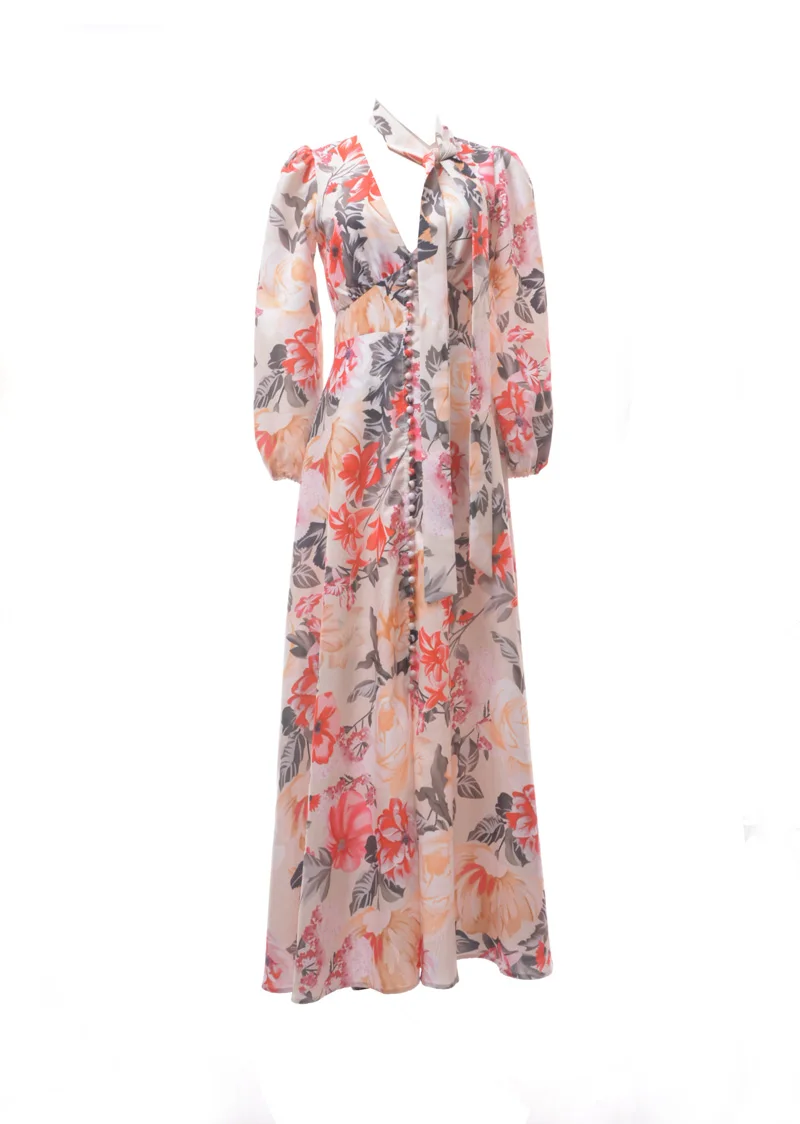 

2019 Autumn New Vintage Color Print V-neck Lace Long Sleeve Dress