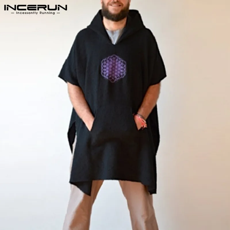 INCERUN, короткий рукав, с капюшоном, Мужская футболка, с принтом, быстро сохнет, свободные, Длинные пуловеры, пончо, карманы, Повседневный плащ, топы, мужские футболки