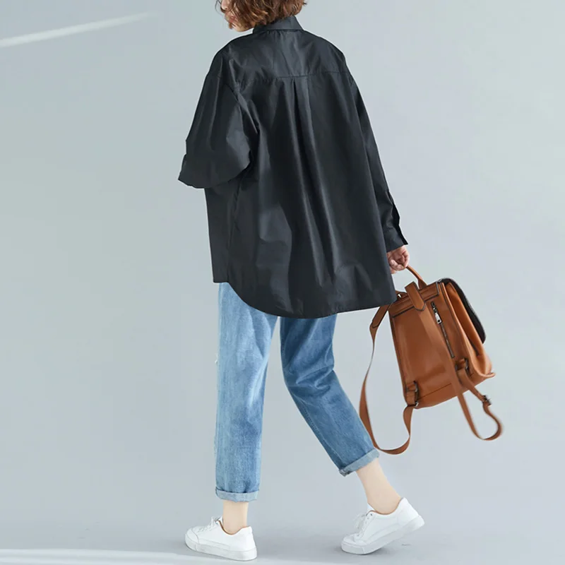 Spring 2020 Women Off White Cardigan Blouse Korean Version Applique Loose Casual Shirt Simple Large Size Long-Sleeve Shirt Women
