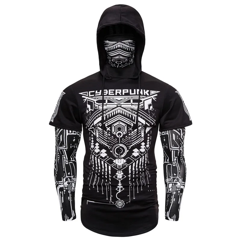 Men's Summer Hoodies with Mask Black Blue Gray Elasticity Printing Sweatshirts Cotton Short Sleeve Moto Biker Style Cool Hoodies Men's Summer Hoodies with Mask Black Blue Gray Elasticity Printing Sweatshirts Cotton Short Sleeve Moto Biker Style Cool Hoodies