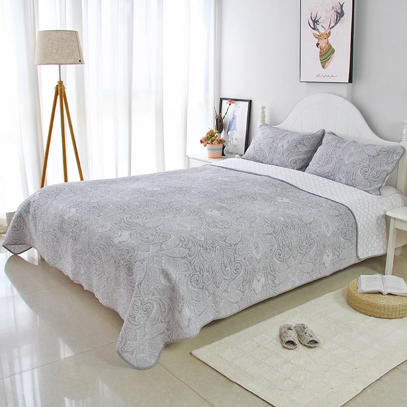 Gray Quilt Set 3pcs Cotton Bedspread on the Bed Quilted Cover Queen Size Coverlet Thick Blanket Double CHAUSUB | Дом и сад