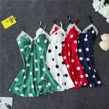 

Women's Silk Nightgown Sexy V-Neck Lace Trim Sleepshirt Polka Dot Summer Dress Sleeveless Home Dress Sleepwear Homewear