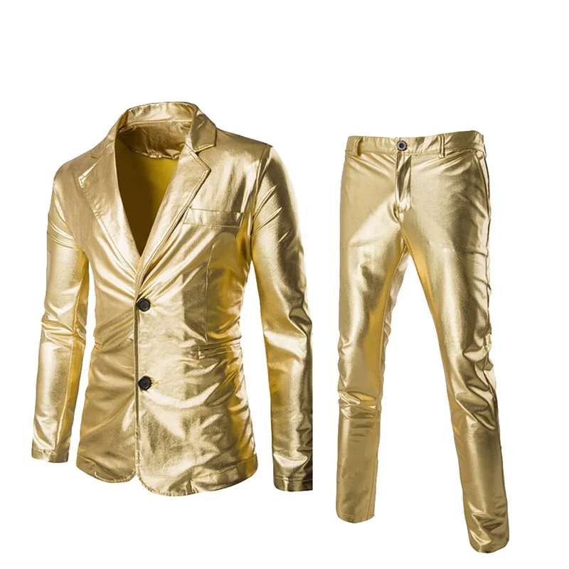 

Brand Men Coated Gold Suit Sets 2 pcs Jackets + Pants Men Blazers Sets Dress Blazer Sets Wedding Party Show Shiny Clothes