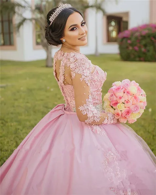 Pink Sweet 16 Quinceanera Dress 2020 Ball Gown Vintage Lace Sleeves 3D Floral Vestidos 15 Plus Size Pageant Prom Gowns