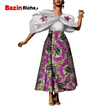 

Bazin Riche Ankara Traditional African Clothing Women Lace Top and Print Skirt 2 Pieces Plus Size Dashiki Women Clothes WY4129
