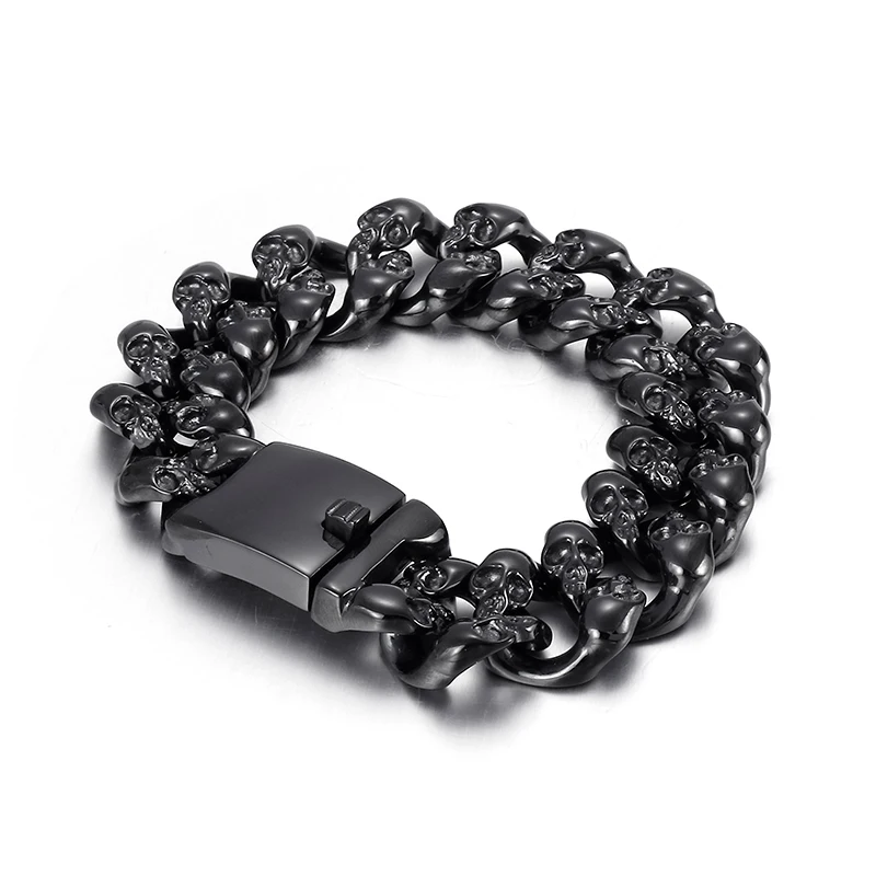 

Heavy and Study Mens Stainless Steel Large Link Chain Motorcycle Biker Chain Bracelet with Skulls Polished Black 20mm 8.5 Inches