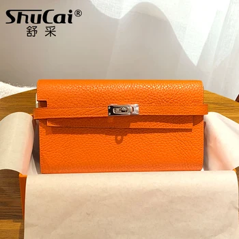 

Genuine Leather Wallet 2020 Quality Cowhide Leather Long Women Wallets Metal Lock Clutch Purse Party Wallet Female Card Holder