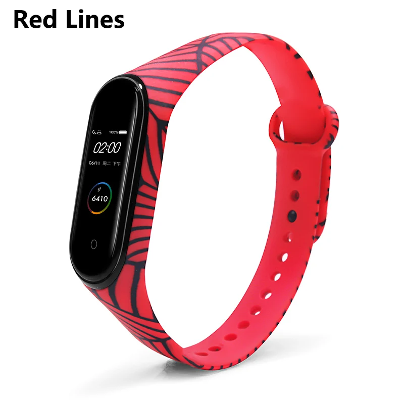 Red lines BOORUI mi band 3/4 цветочный ремешок mi band 3 4 аксессуары сменный силиконовый разнообразный ремешок для xiaomi mi 3 4 смарт-браслеты - Цвет: Red lines