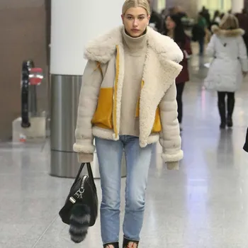 

WOMENGAGA 2019 NEW Turn-down Collar Full Sleeves Fur Patchwork PU Leather Spliced Thickness Coat Trench High Waist DG059