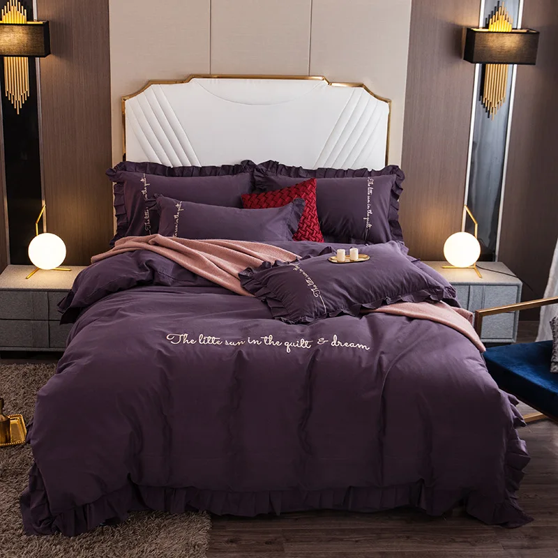 Simple Style 60support Embroidery Thickening Grinding Wool Bedding 4-piece Set Ruffled Bed Sheets Quilt Cover Soft Delicate - Цвет: 4pcs  K