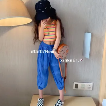 

girl's 2020 summer stripe vest suit foreign style middle big children's net red fashionable sports pants two piece set
