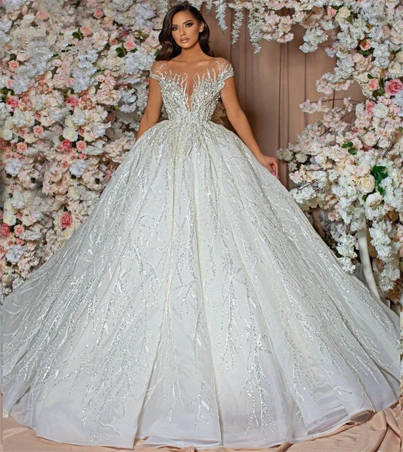 Sparkle Tulle Detachable Sleeve Ball Gown Wedding Dress