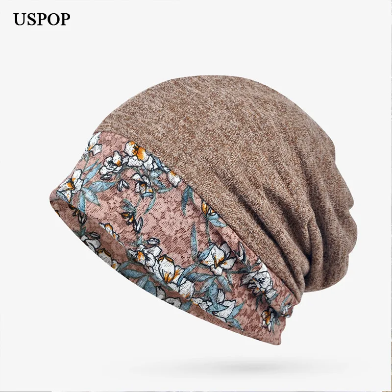 USPOP новые женские шапки Лоскутные skullies модные кружевные вязаные шапочки с цветочным принтом осенне-зимняя шапка