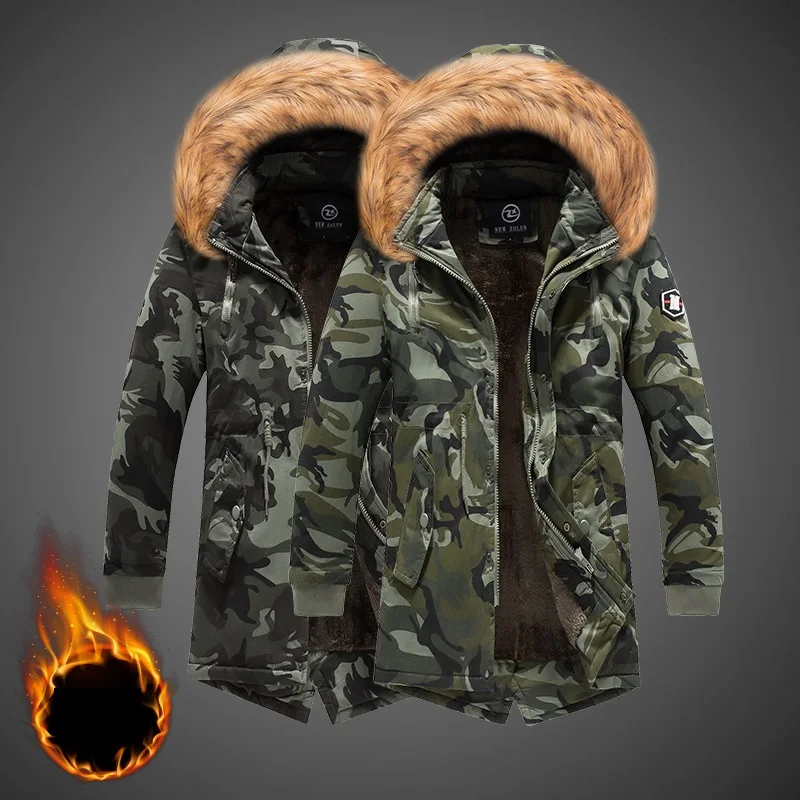 Winter Long Parka Camo Men's Hooded Jacket Thick Camouflage Coat Cotton Padded Warm Fur Collar Hat High Quality Windproof