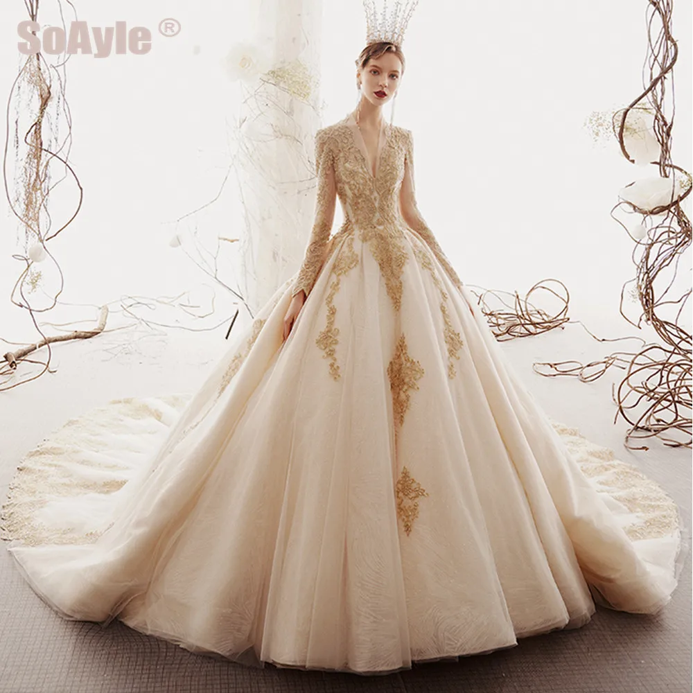 SoAyle Vestido de Noiva Hepburn роскошное свадебное платье цвета шампань с v-образным вырезом и Длинными Рукавами Свадебное Платье вышитое бисером кружевное платье с аппликацией