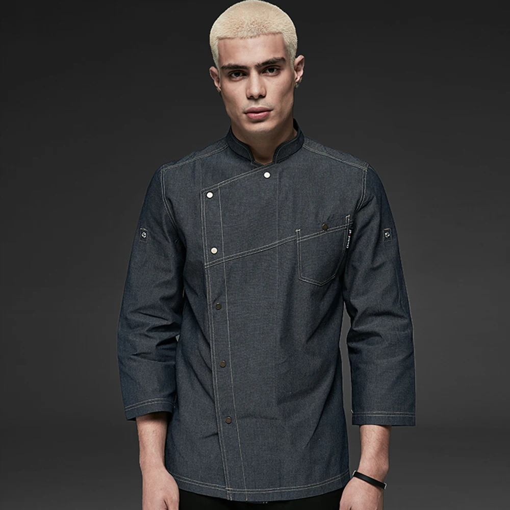 new Denim Fabric Chef Jackets restaurant uniforms shirts long sleeves restaurant uniform chef clothes hotel uniform chef coat