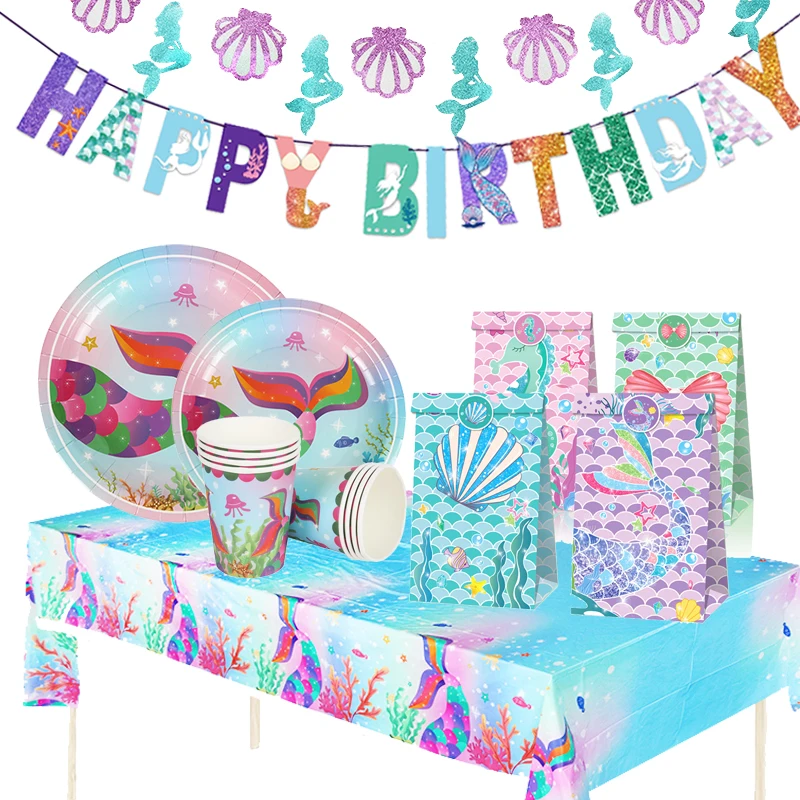 

Mermaid Birthday Party Decoration Balloons Disposable Party Tableware Happy Birthday Banner First Birthday Girl Party Supplies