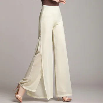 

Women High Waist Casual Plus Size Wide Leg Pants Side Split Loose Trousers Elegant Office Chiffon Long Pants