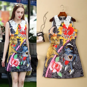 

European Grand Prix 17 Summer New Women's Clothing zou xiu kuan White Lapel Sleeveless Cat Pattern Jacquard Dress Tide