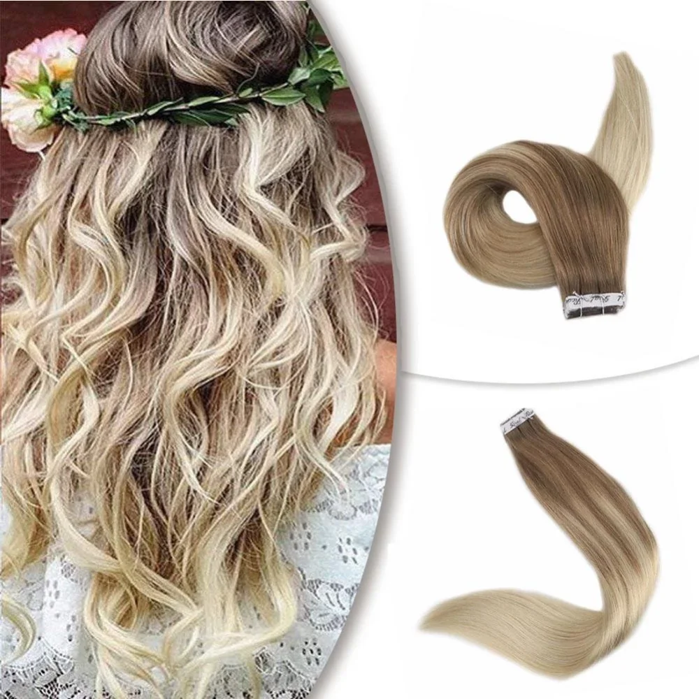 Полный блеск Balayage цвет омбер человеческие волосы на ленте для наращивания 20 шт 50 г блонд коричневый лента для наращивания машина сделано remy