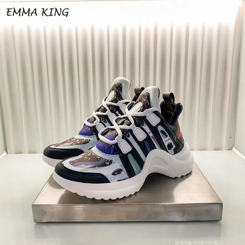Дизайнерские женские кроссовки Emma King на шнуровке; спортивная обувь для бега; Повседневная обувь из вулканизированной кожи и лайкры на плоской подошве; Прогулочные кроссовки - Цвет: Graffiti Black