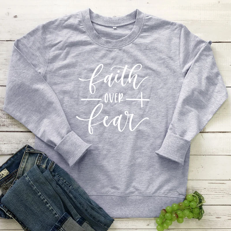 gray-white text Винтаж Faith Over Fear кофты унисекс вдохновляющие Религиозные христианские толстовки с капюшоном осень Для женщин джемпер с длинными рукавами и капюшоном с надписью пуловер - Цвет: gray-white text