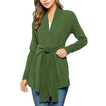 

Women's Cardigans Solid Color Knitted Cardigan Female Sweaters Coat Long Sleeves Tie Decoration Warm Casual Long Sweaters