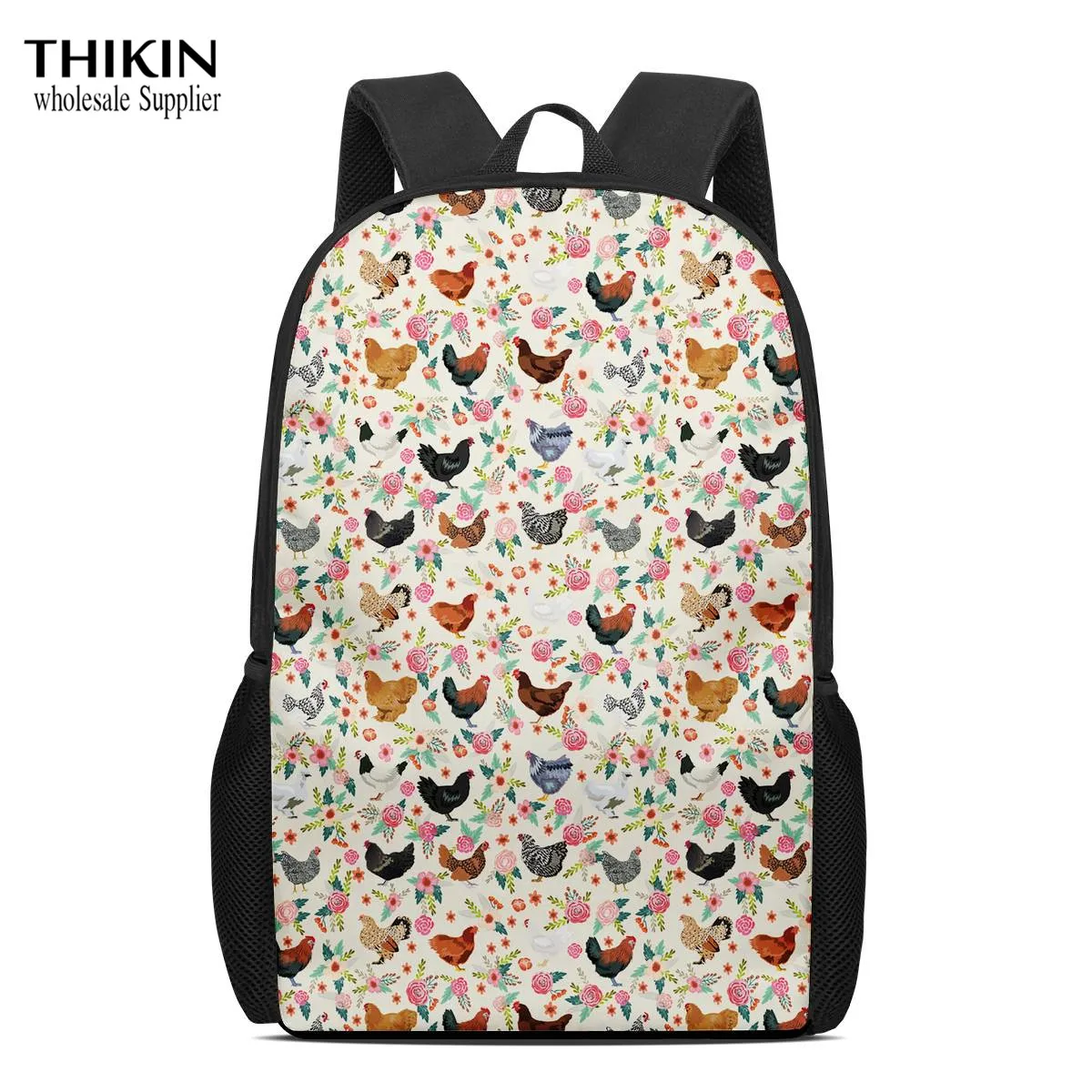 

THIKIN Flowers Chicken Print Children's Backpack School Bags Kids School Backpack for Girls Satchel for Teenage Mochila Infantil